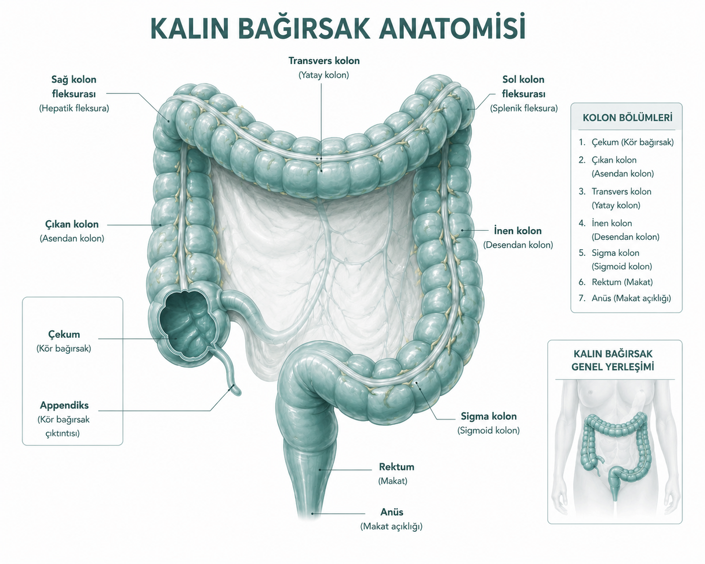 Kalın bağırsak anatomisi — çekum, çıkan/transvers/inen kolon, sigma, rektum