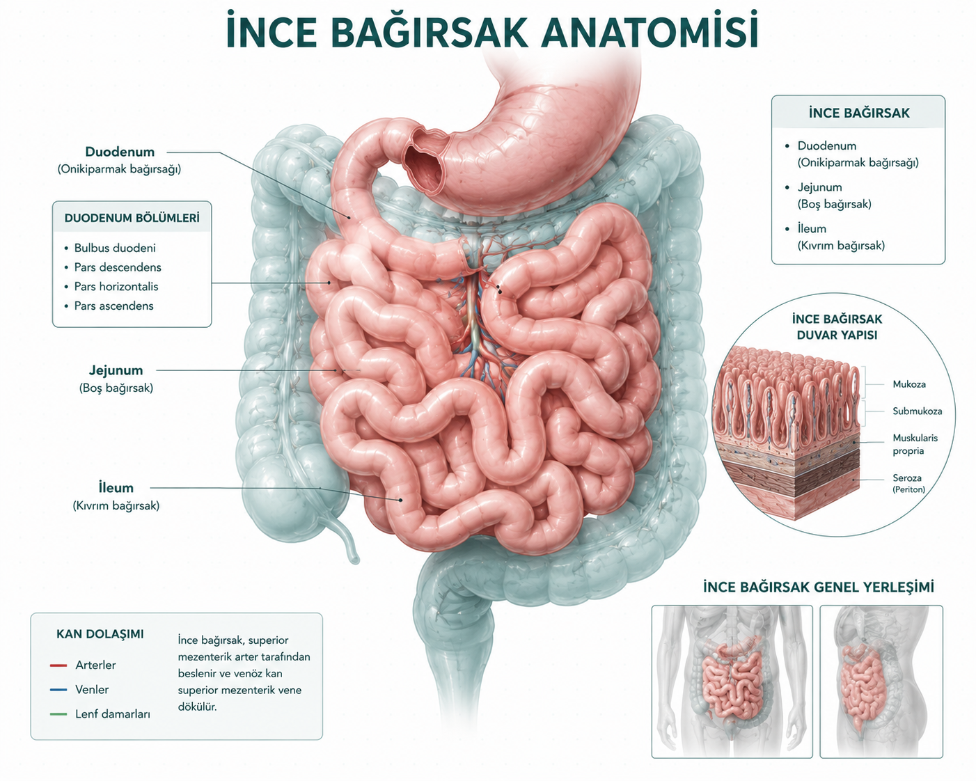 İnce bağırsak anatomisi — duodenum (12 parmak bağırsağı), jejunum, ileum