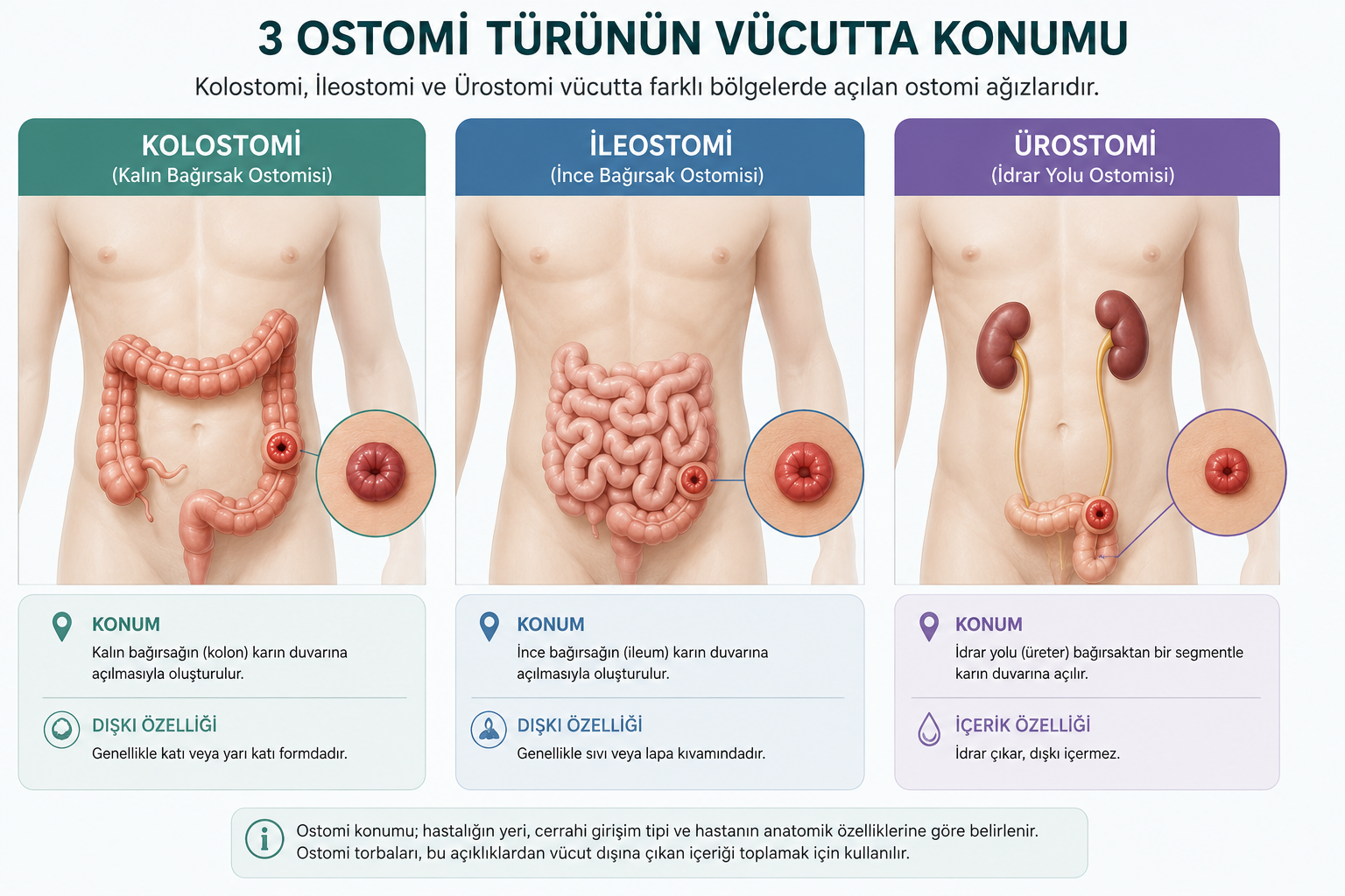 Vücutta kolostomi, ileostomi ve ürostomi stomalarının konumu